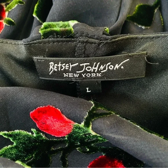 Vintage 90’s Betsey Johnson NY Dress Black Red Rose Mesh Velvet Burnout Sz L - Picture 2 of 13